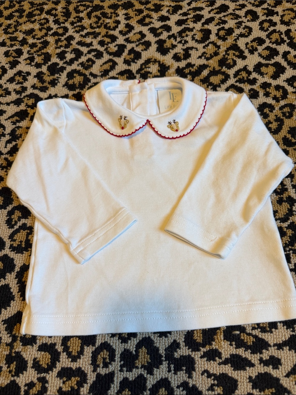 Little English White Long-Sleeve Peter Pan Collar Top with Red Trim, Reindeer